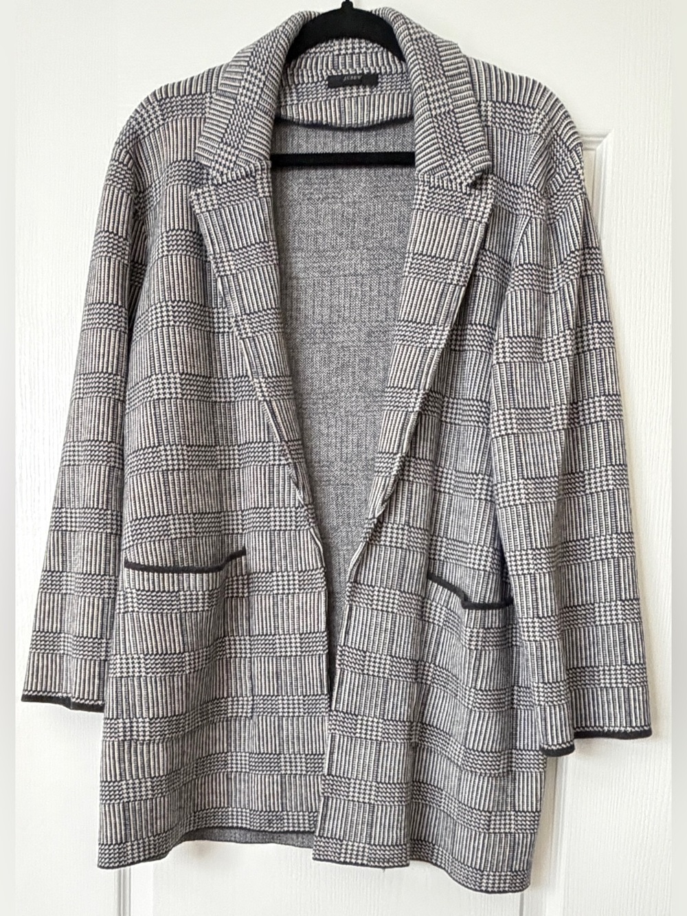 J.Crew Sophie Sweater Blazer Glen Plaid Gray Black Merino Wool Blend Open Front